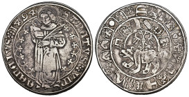 Bern. Stadt und Kanton. Guldiner 1494. Nach links schreitender Bär unter einem kleinen doppelköpfigen Adler. Darüber ein Halbbogen aus sieben Vogteiwa...