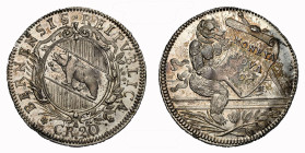 Bern Stadt und Kanton. Schulpfennig zu 20 Kreuzern 1706. Avers mit Wertzahl Cr. 20 und D - B darüber für Justin de Beyer. Umschrift mit REIPVBLICÆ. Un...