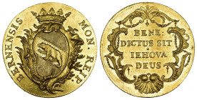 Bern. Stadt und Kanton. 4 Dukaten o. J. (um 1750), Bern. Gekröntes, geschwungenes Berner Wappen auf einer reich verzierten Kartusche. Umschrift "MONET...