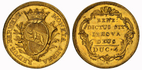 Bern. Stadt und Kanton. 4 Dukaten o. J. (um 1750). Gekröntes, ovales Berner Wappen in einem Kranz. Rv. Vierzeilige Inschrift mit Wertangabe auf Kartus...