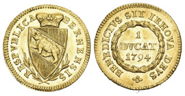 Bern. Stadt und Kanton. Dukat 1794, Bern. 3.51 g. D.T. 491. HMZ 2-216h. Fr. 180. Prachtexemplar fast unzirkuliert
