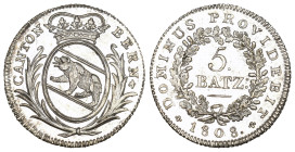 Bern. Stadt und Kanton. 5 Batzen 1808, Bern. 4.61 g. D.T. 35a. HMZ 2-234a. Prachtexemplar / Cabinet piece. Fast FDC