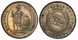Bern. Stadt und Kanton. 1 Franken 1811, Bern. Dreiblättriger Laubrand. Vorder- zu Rückseite gleichständig. 7.47 g. D.T. 34, var. HMZ 2-233b. Sehr selt...