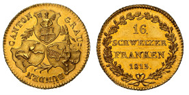 Graubünden Kanton. 16 Franken (Duplone) 1813, Bern. Aus Calanda-Gold geprägt. D.T. 177. HMZ 2-602a. Sehr selten. Nur 100 Exemplare geprägt / Very rare...