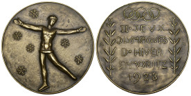 Olympia Bronzemedaille 1928. Olympiade in St. Moritz. 3. Platz. Initialen A.H. für den Künstler Anton Hünerwadel. 50 mm. 62.02 g. Gadoury 1. Sehr selt...