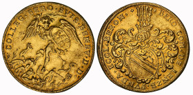 Luzern Beromünster Chorherrenstift. 2 Dukaten o.J. (um 1750). BERO COM. DE LENZB. ECCL. BERON. FUNDAVIT Ao. 720. Behelmter ovaler Wappenschild auf Sch...