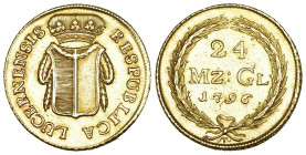 Luzern 24 Münzgulden (Doppelduplone) 1796, Luzern. RESPUBLICA LUCERNENSIS. Gekröntes, eckiges Luzernerwappen mit einer Lorbeergirlande behangen // 24 ...