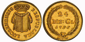 Luzern 24 Münzgulden (Doppelduplone) 1796, Luzern. RESPUBLICA LUCERNENSIS. Gekröntes, eckiges Luzernerwappen mit einer Lorbeergirlande behangen // 24 ...