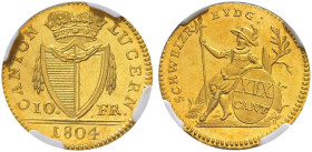 Luzern. Stadt und Kanton. 10 Franken 1804, Luzern. D.T. 52. HMZ 2-667a. Fr. 327 NGC MS 61 Cert.No: 2777426-001