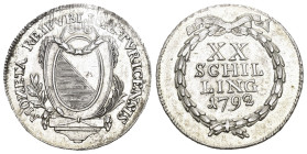 Zürich 1792 20 Schilling Silber 7.5g Justiert, HMZ 2-1166qq vorzüglich
