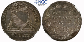 Zürich. Stadt und Kanton. 20 Batzen 1826, Zürich. 14.67 g. D.T. 19b. HMZ 2-1173b. Prachtvolle Erhaltung / Magnificent condition. FDC  NGC MS 65 TOP PO...