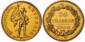 Helvetische Republik. 32 Franken 1800 B, Bern. D.T. 1. HMZ 2-1183a. Fr. 281. Sehr selten NGC UNC Detail, leicht berieben