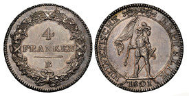 Helvetische Republik. 1801 4 Franken Silber NGC AU Detail, minimal beriebn tolle Patina