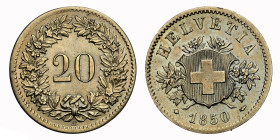 Eidgenossenschaft 20 Rappen 1850 BB, Strassburg. Divo 5. HMZ 2-1207a. NGC MS 62 Cert.No: 2920067-001