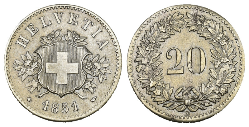 Schweiz | Switzerland | Suisse | Svizzera Eidgenossenschaft 20 Rappen 1851 BB, S...