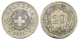 Eidgenossenschaft 20 Rappen 1851 BB, Strassburg. 3.34 g. Divo 15. HMZ 2-1207b. Vorzüglich bis unzirkuliert, leicht gereinigt