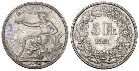Eidgenossenschaft 5 Franken 1851 A, Paris. 25.02 g. Divo 12. HMZ 2-1197b Flecken, vorzüglich