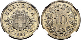 Eidgenossenschaft  10 Rappen 1851 BB, Strassburg. Divo 16. HMZ 2-1209b. Sehr selten in dieser Erhaltung / Very rare in this condition. Prachtexemplar ...