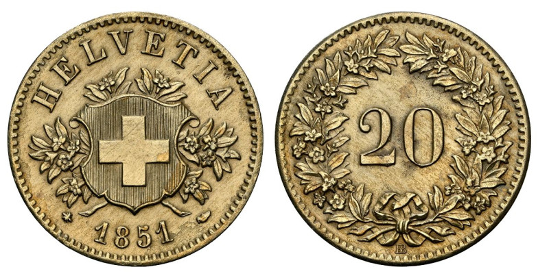Schweiz | Switzerland | Suisse | Svizzera Eidgenossenschaft 20 Rappen 1851 BB, S...