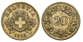 Eidgenossenschaft 20 Rappen 1851 BB, Strassburg. 3.34 g. Divo 15. HMZ 2-1207b.  NGC UNC Detail, leicht gereinigt