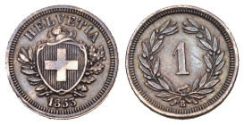 Eidgenossenschaft 1 Rappen 1853 B, Bern. Schmales Kreuz. 1.45 g. Divo 20a. HMZ 2-1215d. Sehr selten, besonders in dieser Erhaltung vorzüglich, leichte...
