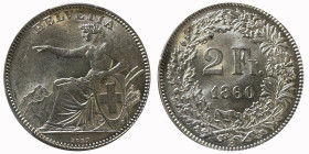 Eidgenossenschaft Eidgenossenschaft. 2 Franken 1860 B, Bern. 10.06 g. Divo 28. HMZ 2-1201c. PCGS MS 62 Prachtexemplar Cert.No: 49434824