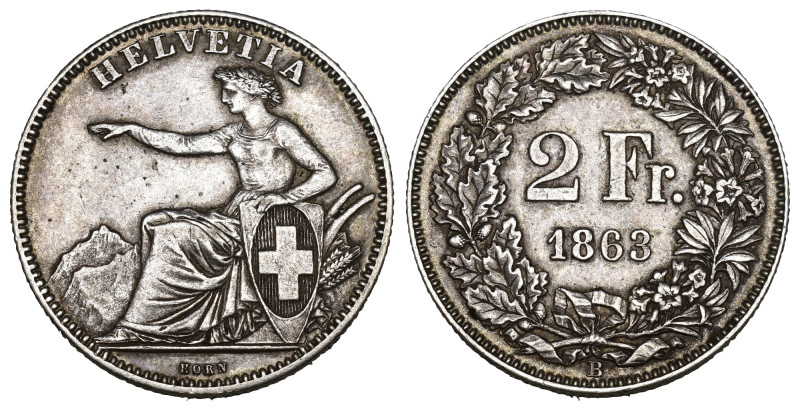 Schweiz | Switzerland | Suisse | Svizzera Eidgenossenschaft 2 Franken 1863 B, Be...