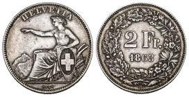 Eidgenossenschaft 2 Franken 1863 B, Bern. Divo 32. HMZ 2-1201e. Äusserst seltene bis vorzüglich