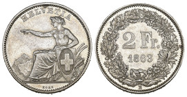 Eidgenossenschaft 2 Franken 1863 B, Bern. Divo 32. HMZ 2-1201e. Äusserst seltene bis vorzüglich