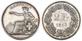 Eidgenossenschaft 2 Franken 1863 B, Bern. Divo 32. HMZ 2-1201e.  Prachtexemplar fast FDC