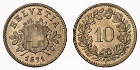 Eidgenossenschaft 10 Rappen 1871 B, Bern. 2.49 g. Divo 40. HMZ 2-1209c. NGC MS 65 Cert.No: 2932900-039