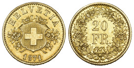 Eidgenossenschaft 20 Franken 1871 B, Bern. 40.00 g. Richter (Proben) 2-61. HMZ 2-1225a. Fr. 491. Selten / Rare. Vorzüglich