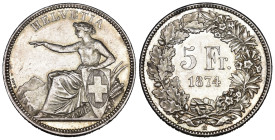 Eidgenossenschaft 5 Franken 1874 B, Bern. 24.97 g. Divo 46. HMZ 2-1197d. Vorzüglich