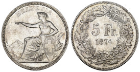 Eidgenossenschaft 5 Franken 1874 B., Brüssel. Divo 47. HMZ 2-1197e. Vorzüglich