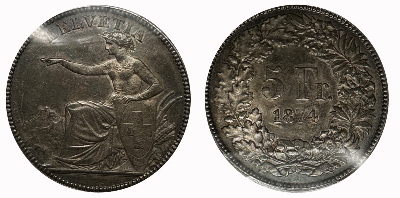 Schweiz | Switzerland | Suisse | Svizzera Eidgenossenschaft. 5 Franken 1874 B, B...