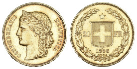 Eidgenossenschaft 20 Franken 1888 B, Bern. Divo 107. HMZ 2-1194d. Bis vorzüglich, minimal berieben