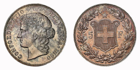 Eidgenossenschaft 5 Franken 1890 B, Bern. 24.97 g. Divo 116. HMZ 2-1198c. Feine Patina NGC MS 63 Cert.No: 2932900-007