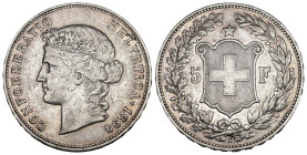 Eidgenossenschaft 5 Franken 1894 B, Bern. 24.98 g. Divo 135. HMZ 2-1198f. Sehr selten sehr schön +
