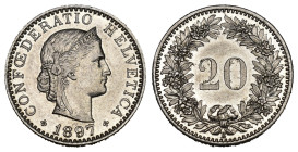 Eidgenossenschaft 20 Rappen 1897 B, Bern. 4.02 g. Divo 159. HMZ 2-1208j. Sehr selten in dieser Erhaltung FDC