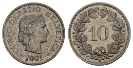 Eidgenossenschaft 10 Rappen 1901 Cu-Ni minimale Flecken KM 27 FDC