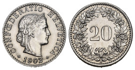 Eidgenossenschaft 20 Rappen 1902 Cu-Ni KM 29 fast STGL