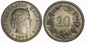 Eidgenossenschaft 20 Rappen 1906 Cu-Ni. PCGS MS 64 Cert.No: 51117085