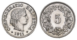 Eidgenossenschaft 5 Rappen 1911 Cu-Ni KM 26 FDC