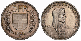 5 Franken 1924 B, Bern. 24.99 g. Divo 355. HMZ 2-1199d. Selten in dieser Erhaltung NGC MS 62 Cert.No: 2930668-002