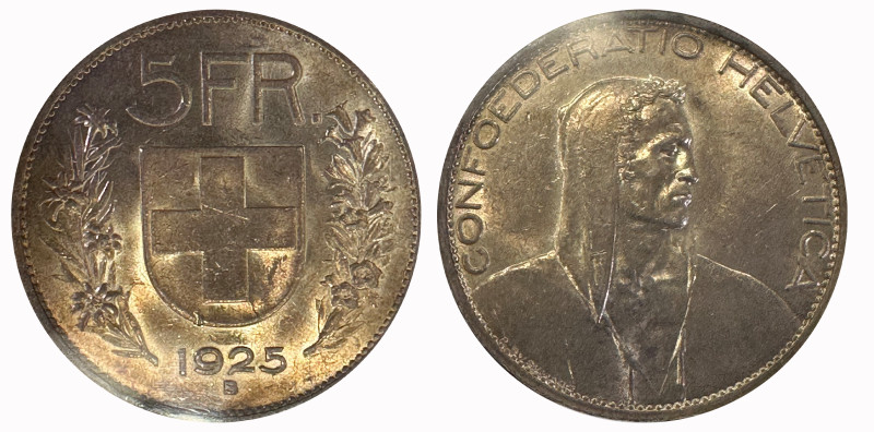 Schweiz | Switzerland | Suisse | Svizzera Eidgenossenschaft. 5 Franken 1925 B, B...