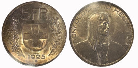 Eidgenossenschaft. 5 Franken 1925 B, Bern. Divo 361. HMZ 2-1199e. Prachtvolle Erhaltung ANACS MS 61 Cert.No: 1020824