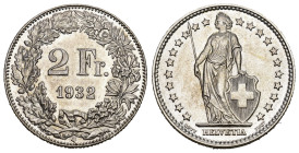 2 Franken 1932 Silber 10g KM 21 fast FDC