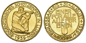 100 Franken 1939 B, Bern. Eidgenössisches Schützenfest. Fr. 506; HMZ 2-1344b; Richter (Schützenmedaillen) 908a. GOLD. 6'000 Exemplare geprägt. Attrakt...