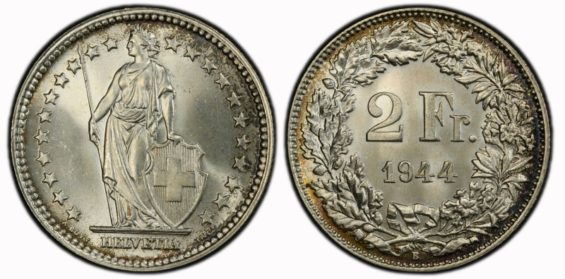 Schweiz | Switzerland | Suisse | Svizzera 2 Franken 1944 B Silber 10g PCGS MS 66...