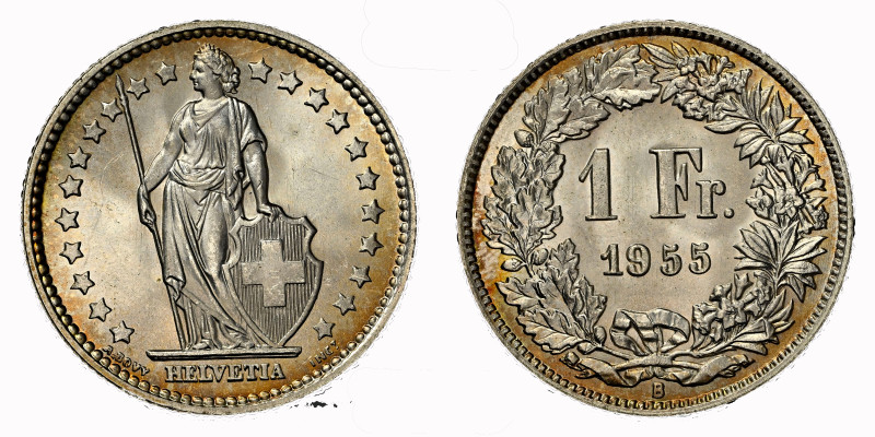 Schweiz | Switzerland | Suisse | Svizzera 1 Franken 1955 Silber 5g NGC MS 65 Cer...